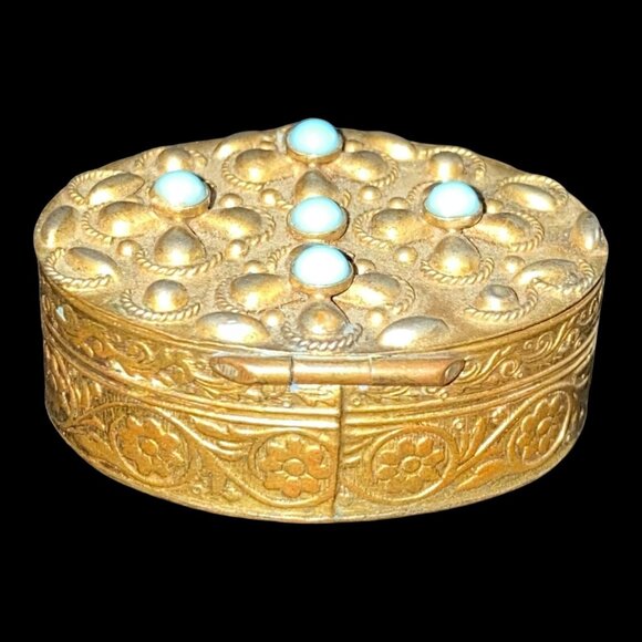 Antique Gold-Tone Brass Trinket Box With Turquoise Accents & Floral Design - Picture 6 of 9